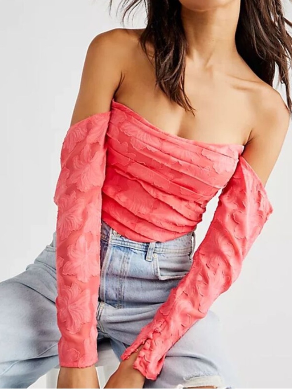Free People S Red Floral Embroidered Off The Shoulder Crop Bella Corset Top NWT